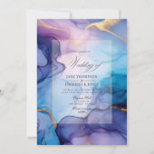 Invitation Mariage à l'encre d'alcool violette, bleue et doré (Devant)