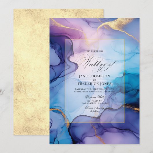 Invitation Mariage à l'encre d'alcool violette, bleue et doré (Devant / Derrière)