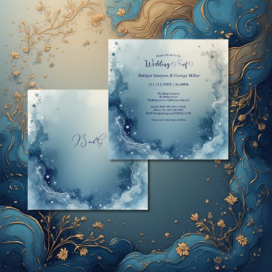 Invitation mariage à l'encre de marbre côtier bleu blanc rêve