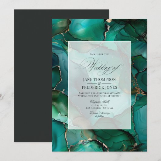 Invitation Mariage à l'encre verte émeraude et or (Devant / Derrière)