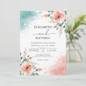 Invitation Mariage à lessive florale de corail de pêche soupl (Debout devant)
