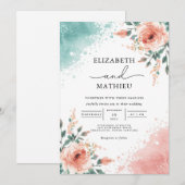 Invitation Mariage à lessive florale de corail de pêche soupl (Devant / Derrière)