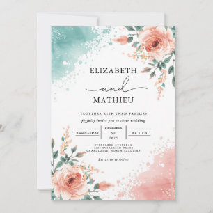 Invitation Mariage à lessive florale de corail de pêche soupl