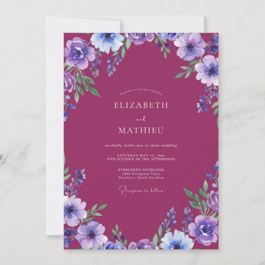 Invitation Mariage à l'étreinte florale prune (Devant)