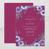 Invitation Mariage à l'étreinte florale prune (Devant / Derrière)
