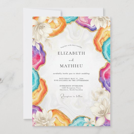 Invitation Mariage à l'eucalyptus avec une géode d'agate colo (Devant)
