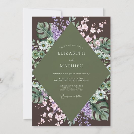 Invitation Mariage à l'eucalyptus et Monstera violet olive (Devant)
