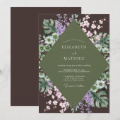 Invitation Mariage à l'eucalyptus et Monstera violet olive (Devant / Derrière)