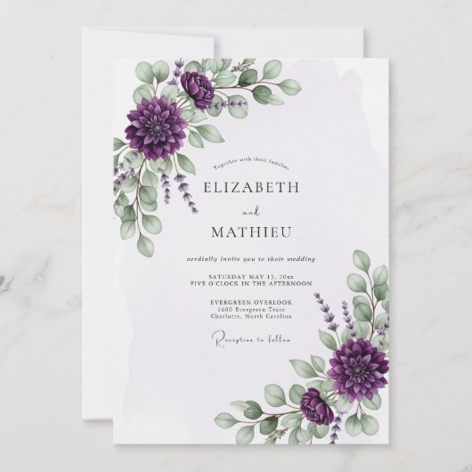 Invitation Mariage à l'eucalyptus fleuri violet (Devant)