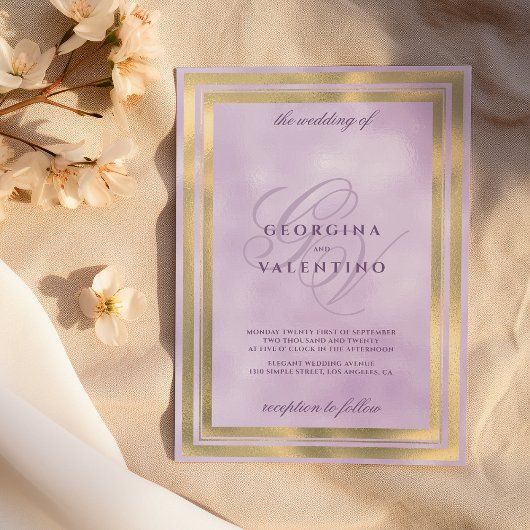 Invitation Mariage à l'initiale de monogramme or lavande de l