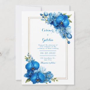Invitation Mariage à l'Orchidée Botanique Dorée sur Fond Bleu