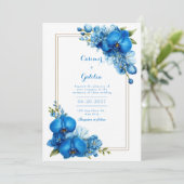 Invitation Mariage à l'Orchidée Botanique Dorée sur Fond Bleu (Debout devant)
