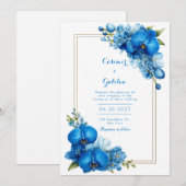 Invitation Mariage à l'Orchidée Botanique Dorée sur Fond Bleu (Devant / Derrière)