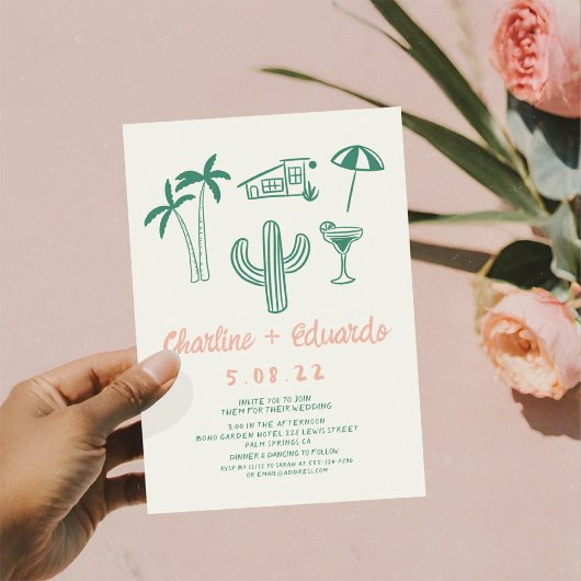 Invitation Mariage à main rose vert Palm Spring