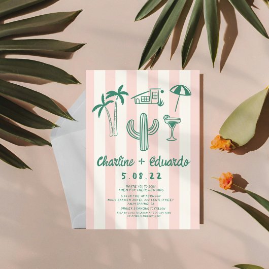 Invitation Mariage à main rose verte Palm Springs