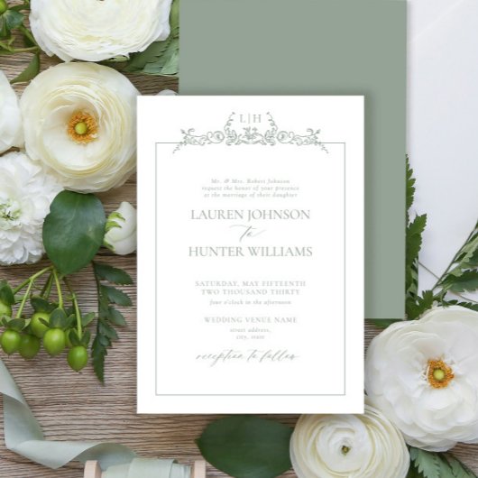 Invitation Mariage à Monogramme avec Bordure Florale Vert Sau