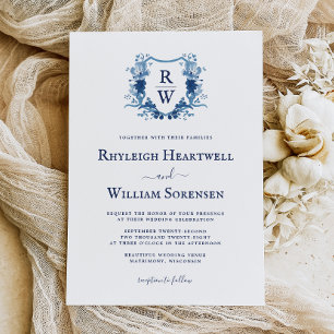 Invitation Mariage à monogramme et blason à l'aquarelle bleue