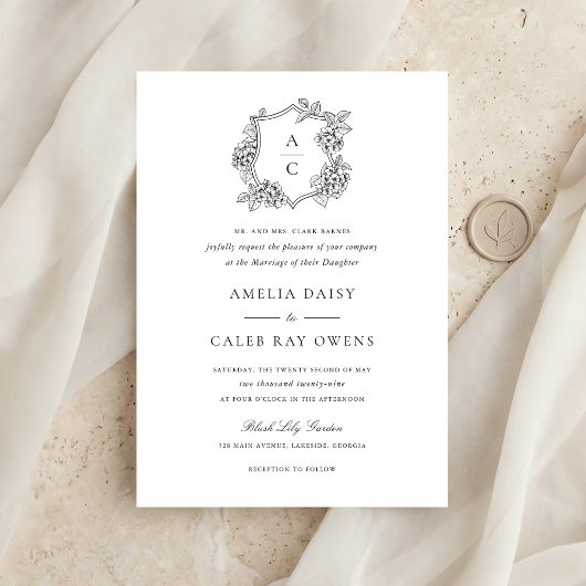 Invitation Mariage à monogramme floral élégant Hydrangea Cres