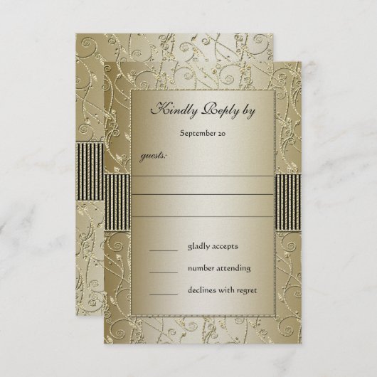 Invitation Mariage à monogramme noir et or à tourbillon flora (Devant / Derrière)