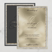 Invitation Mariage à monogramme noir paillettes dorées (Devant / Derrière)