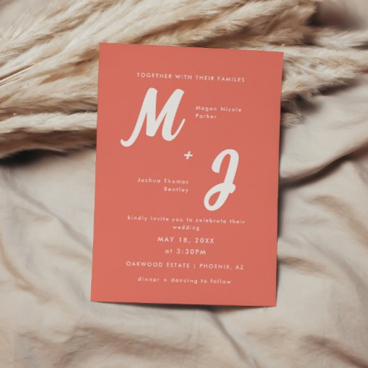 Invitation Mariage à Monogramme Rose Corail Moderne Gras