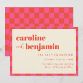 Invitation Mariage à motif à carreaux rose et orange gras (Devant / Derrière)