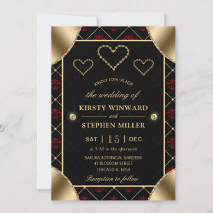 Invitation Mariage à motif de rose noire et rouge et diamants