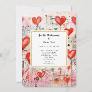 Invitation Mariage à motif fantaisiste coeurs rouges