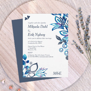 Invitation Mariage à motif floral bleu et bleu-gris