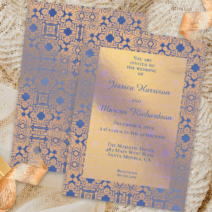 Invitation Mariage à motifs floraux bleu et or Classy
