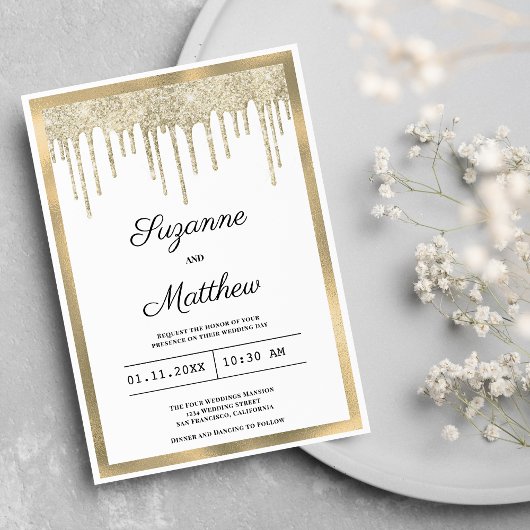 Invitation Mariage à paillettes de luxe blanc or