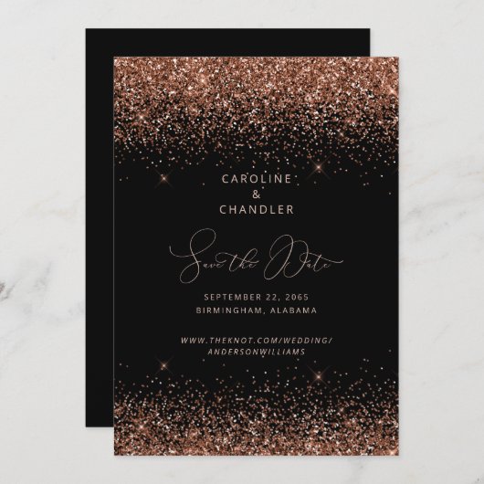 Invitation Mariage à paillettes Noir & Bronze Enregistrer la  (Devant / Derrière)