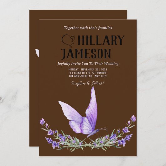 Invitation Mariage à papillon aquarelle (Devant / Derrière)