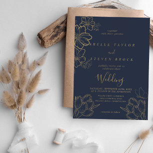 Invitation Mariage à papillon bleu et or Floral Marine