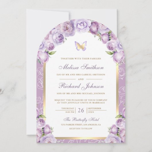 Invitation Mariage à papillon d'arc en or violet de lavande (Devant)