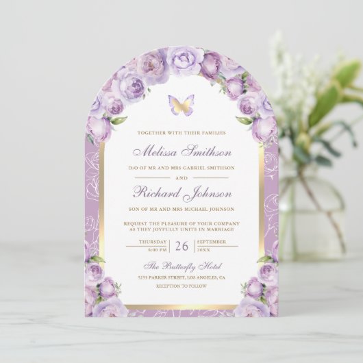 Invitation Mariage à papillon d'arc en or violet de lavande (Debout devant)