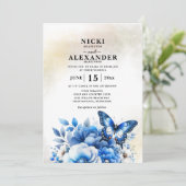 Invitation Mariage à papillon floral bleu (Debout devant)