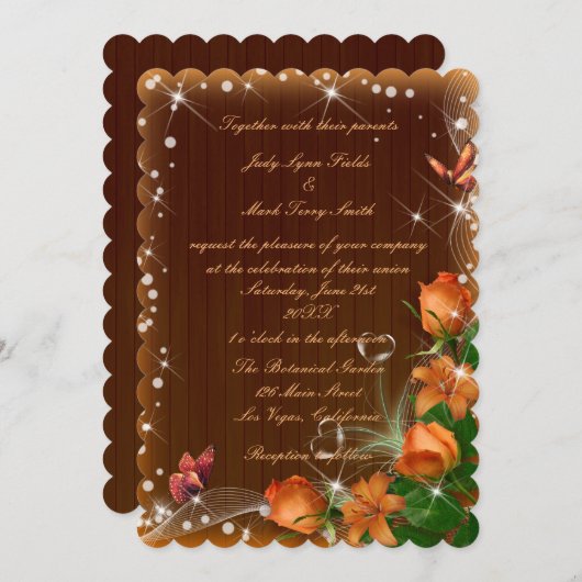 Invitation Mariage à papillon floral en bois foncé rustique (Devant / Derrière)