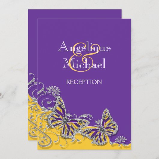 Invitation mariage à papillon jaune mauve (Devant / Derrière)