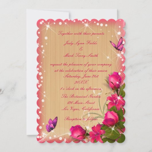 Invitation Mariage à papillon rose bois rustique (Devant)