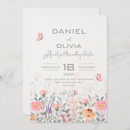 Invitation Mariage à papillon rose et vert (Devant / Derrière)