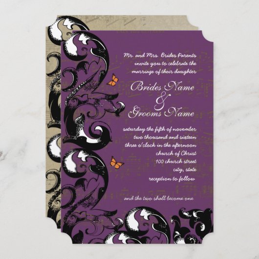 Invitation Mariage à perruque à papillon métallique Eggplant (Devant / Derrière)