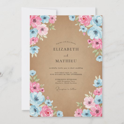 Invitation Mariage à Petale Bleu Ciel Rose (Devant)