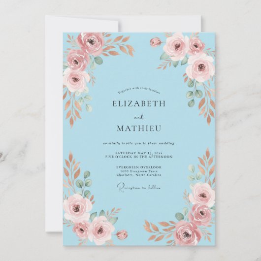 Invitation Mariage à Petale Bleu Ciel Rosé (Devant)