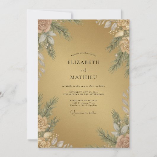 Invitation Mariage à pétale de feuillage doré (Devant)