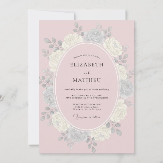 Invitation Mariage à Petale Rose Argenté (Devant)