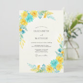 Invitation Mariage à pétale turquoise jaune (Debout devant)