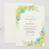 Invitation Mariage à pétale turquoise jaune (Devant / Derrière)