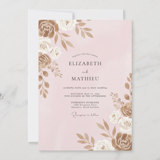 Invitation Mariage à pétales de rose dorée (Devant)