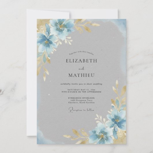 Invitation Mariage à pétales d'or de bleuet (Devant)